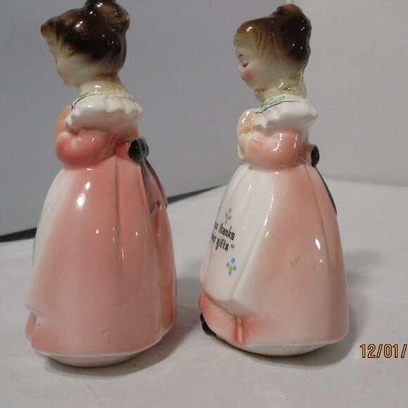Vintage Enesco Praying Girls Ladies Salt & Pepper Pink Dresses. Give us This Day - Picture 5 of 11